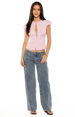 Fitted pink woven top with a keyhole neckline, button-front, and short flutter sleeves