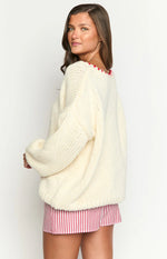 Delvey Cream And Red Contrast Stitch Chunky Knit Sweater