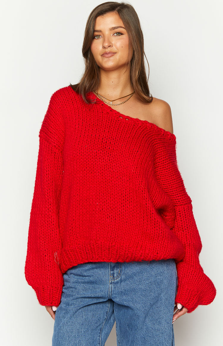Delvey Red Chunky Knit Sweater Image