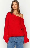 Beginning Boutique Delvey Red Chunky Knit Sweater red chunky knit off-shoulder oversized sweater