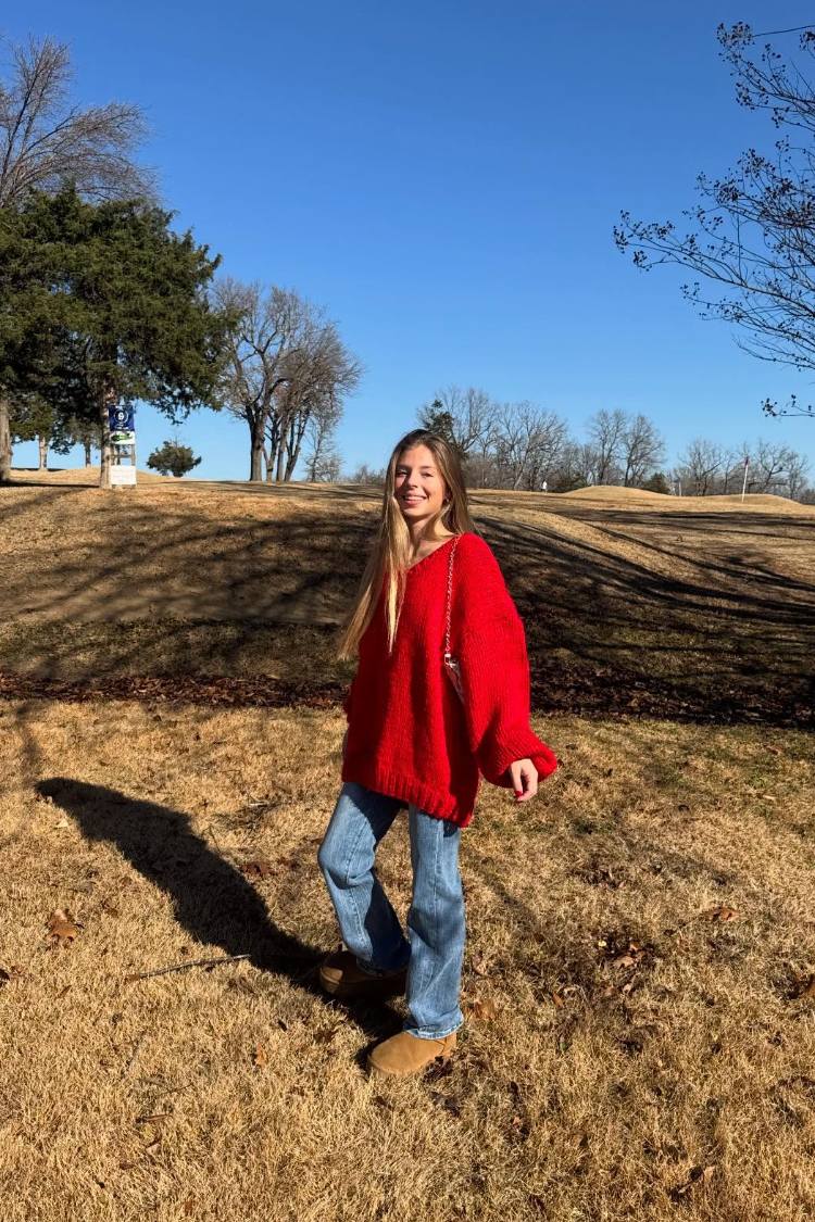 Beginning Boutique Delvey Red Chunky Knit Sweater red chunky knit off-shoulder oversized sweater