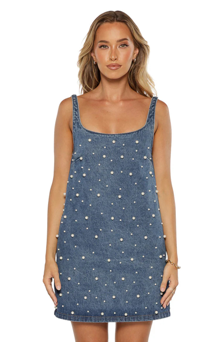 Beginning Boutique Demi Denim Pearl Detail Mini Dress â€” mid-wash denim square neck mini dress with thick straps and scattered pearl details