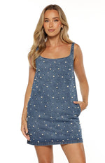 Square neck denim mini dress with scattered pearl embellishments and practical side pockets