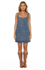Blue denim mini dress with a square neckline, thick straps, and scattered pearl embellishments