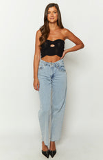 Black crochet knit bandeau crop top with a central keyhole cutout and scalloped hem