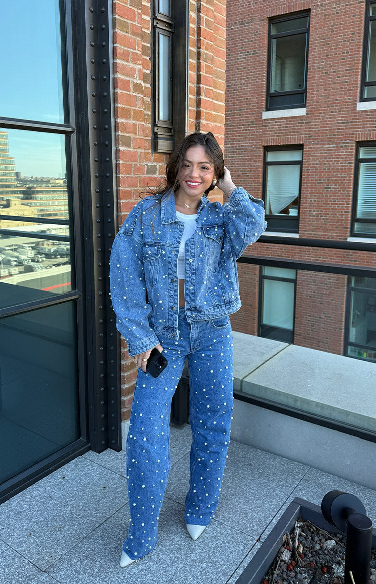 Denim Dazzle Pearl Mid Wash Denim Jacket | Beginning Boutique NZ