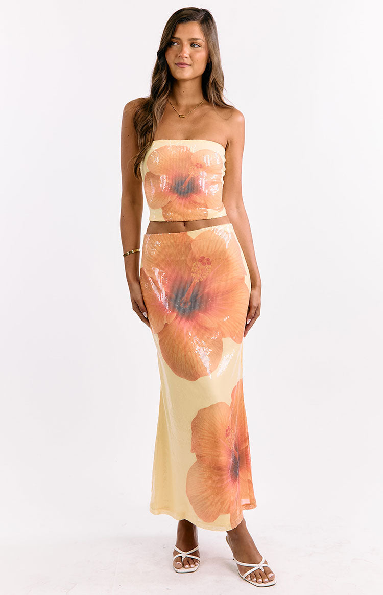 Denzel Yellow Floral Sequin Maxi Skirt Image
