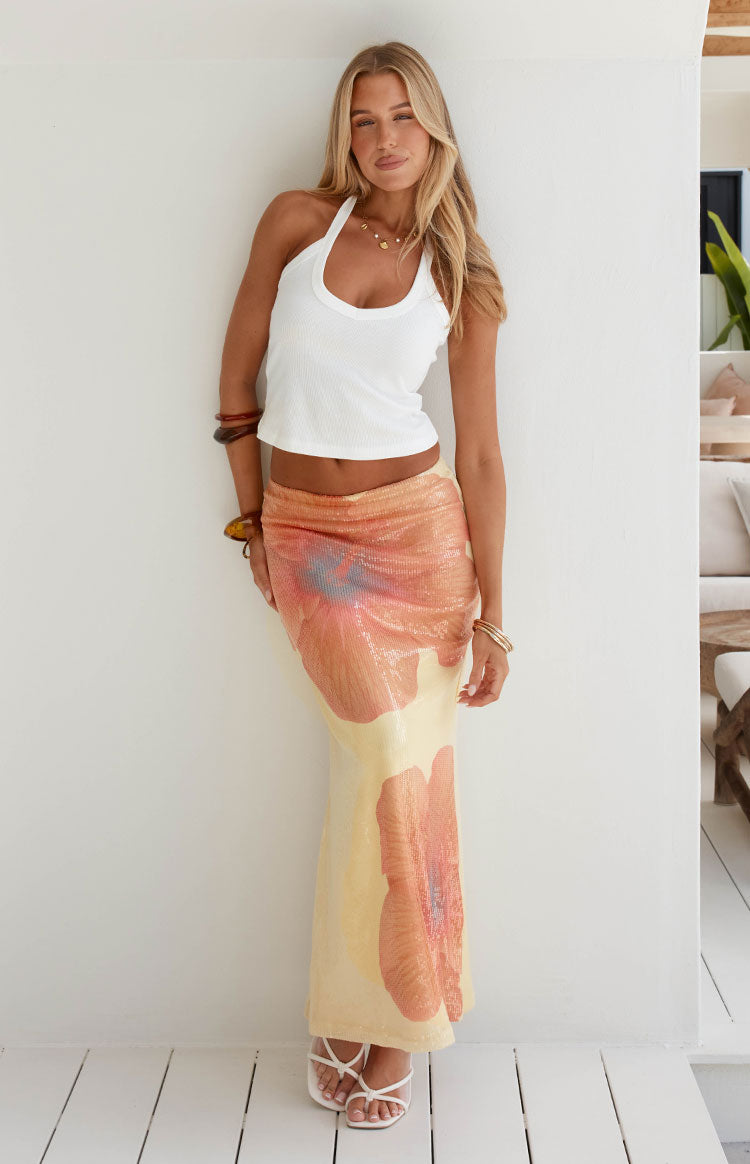 Denzel Yellow Floral Sequin Maxi Skirt Image