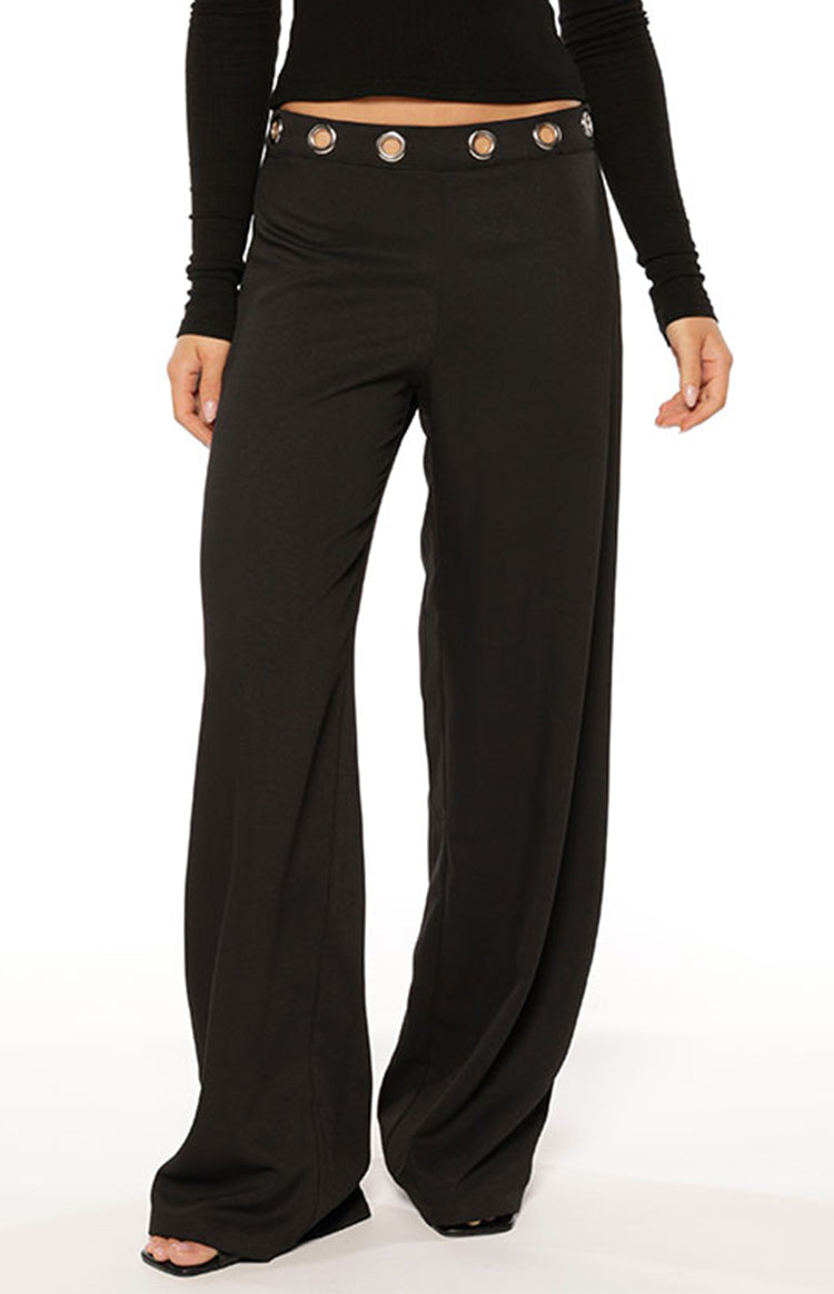 Beginning Boutique Devotion Black Eyelet Straight Leg Pants black high-waisted straight leg pants with silver eyelet waistband