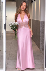 Divandi Pink Lace Halter Neck Formal Maxi Dress Image