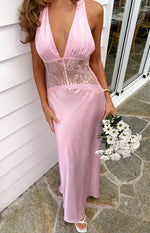 Divandi Pink Lace Halter Neck Formal Maxi Dress Image