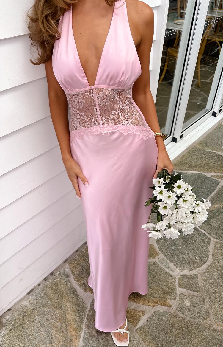 Divandi Pink Lace Halter Neck Formal Maxi Dress Image