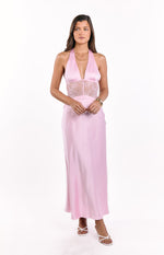 Front view of a pink satin maxi dress featuring a sheer floral lace bodice and a deep V-neck halter