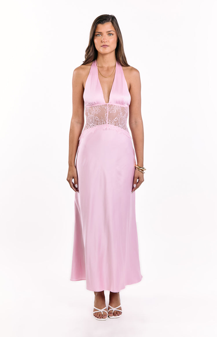 Divandi Pink Lace Halter Neck Formal Maxi Dress Image