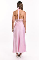 Divandi Pink Lace Halter Neck Formal Maxi Dress Image