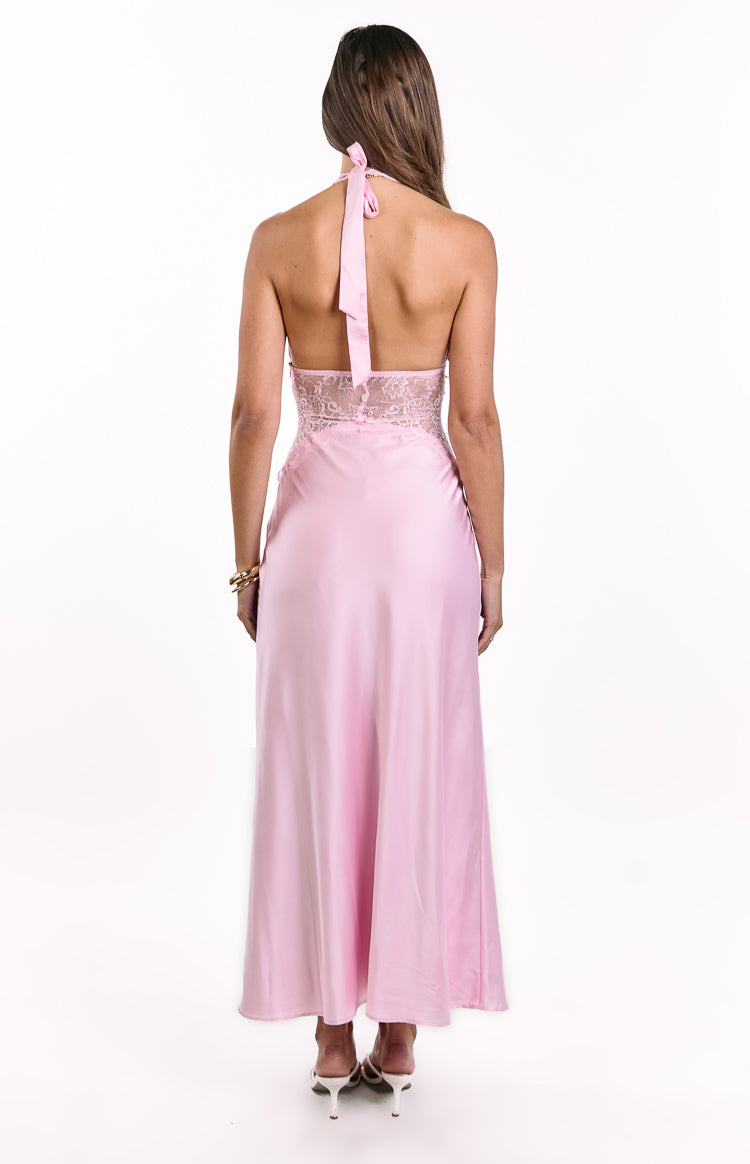 Divandi Pink Lace Halter Neck Formal Maxi Dress Image