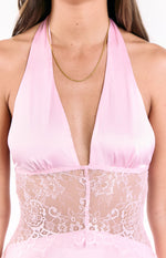 Divandi Pink Lace Halter Neck Formal Maxi Dress Image