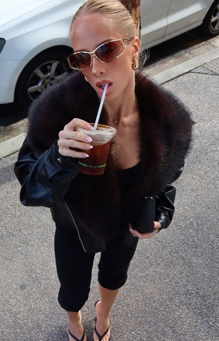 Beginning Boutique Dolci Black Fur Collar PU Jacket black faux leather jacket with a dark brown fur collar and silver zipper