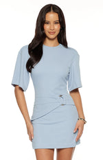 Blue crepe mini dress with a crew neck, wide short sleeves, and silver O-ring waist detail