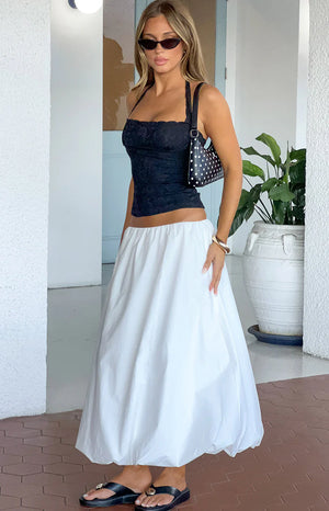 Beginning Boutique Dorothy White Bubble Hem Skirt white relaxed fit midi skirt with a voluminous bubble hem