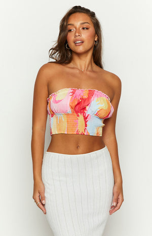 Beginning Boutique Dray Pink Sun Print Strapless Crop Top colourful sun print strapless crop top with a ruched neckline and shirred elastic hem
