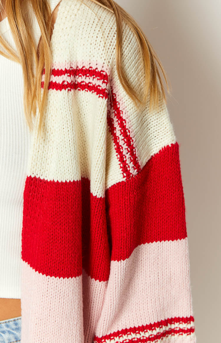 Dreamy Drift Cream Knit Striped Cardigan Image