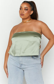 Olive satin strapless top with a straight neckline and subtle side gathering detail