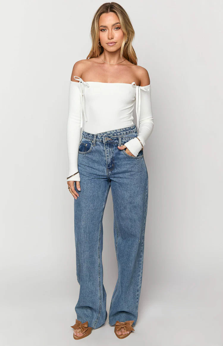Kansis Blue Uneven Waist Jeans