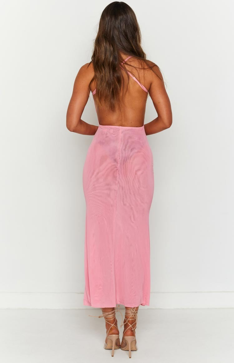 Rear view of the pink sheer mesh maxi dress with a low scoop back and thin criss-cross straps