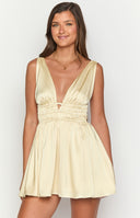 Beginning Boutique Genovia Yellow Mini Dress pale yellow satin plunge V-neck mini dress with shirred waist and side cutouts