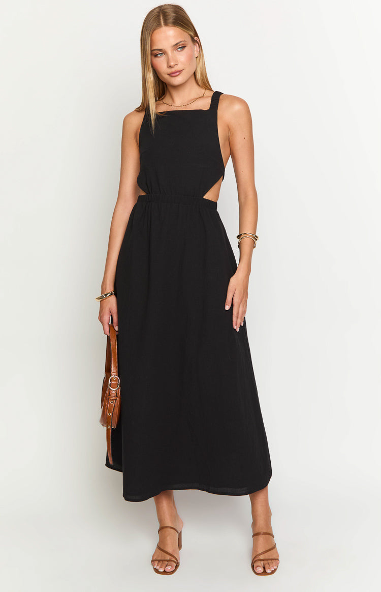 Black midi dress with a square neckline, wide straps, and side cutouts at the waist