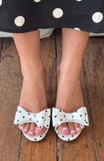 Eden White Polka Dot Bow Front Heeled Mules