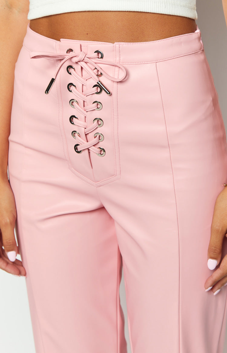 pink leather pants with corset tie up