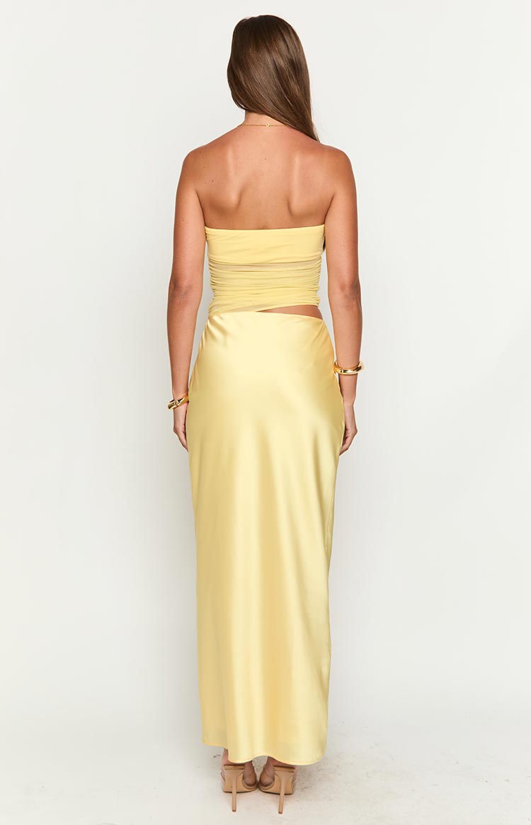 Elinor Yellow Satin Maxi Dress | Beginning Boutique NZ