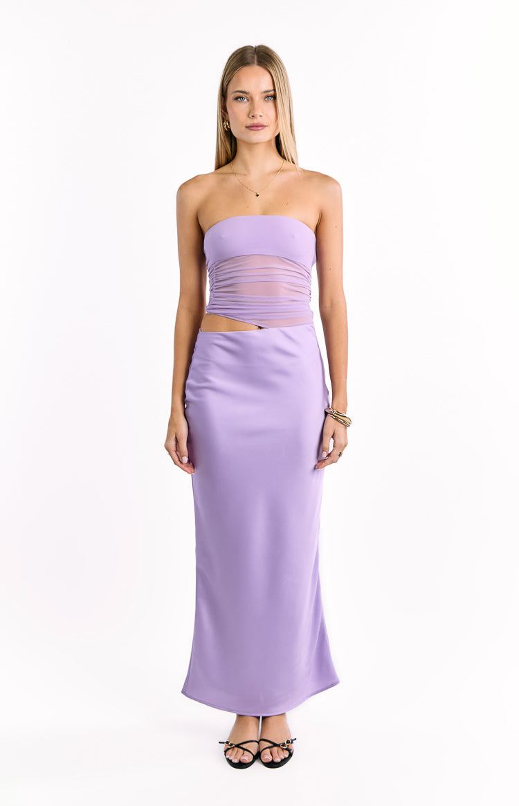 Lilac strapless maxi dress with a sheer ruched mesh bandeau bodice and waist cutouts