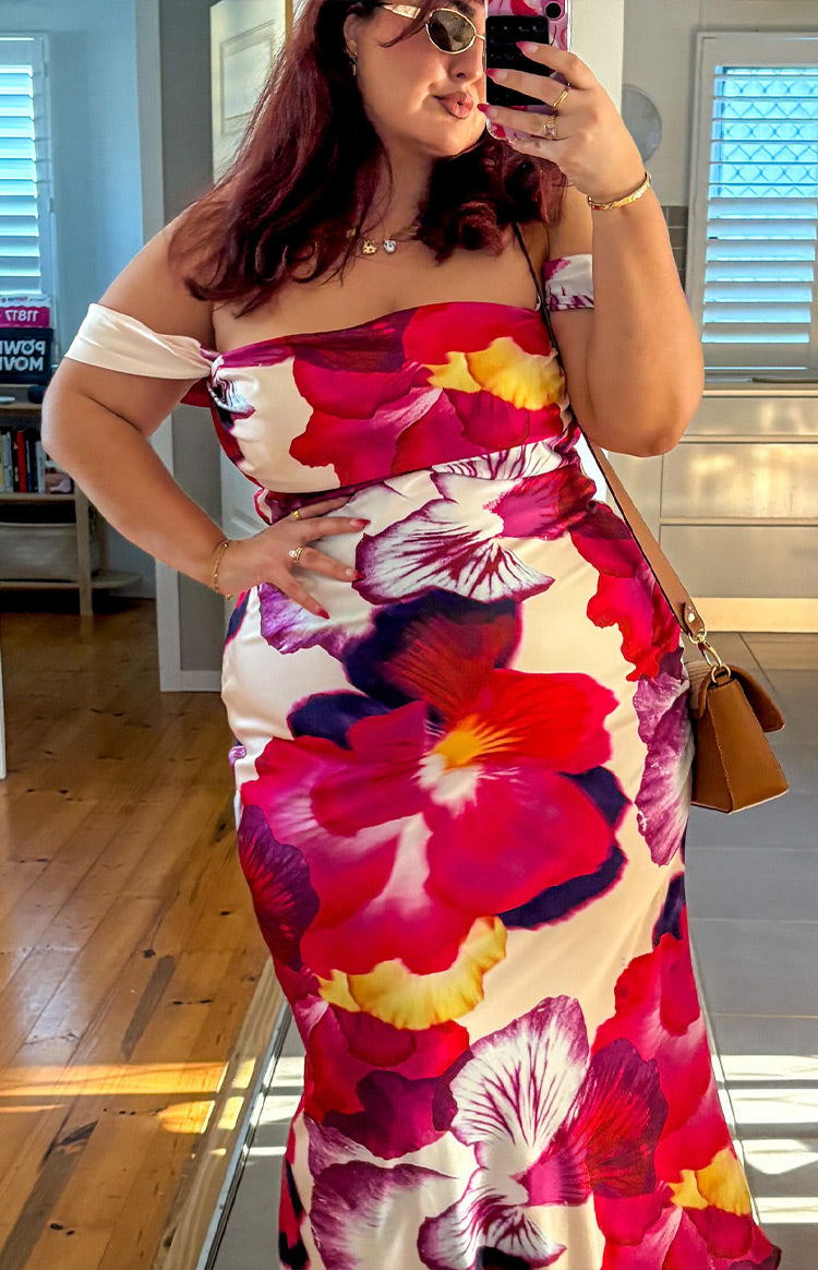 Ella Pink Floral Print Off Shoulder Formal Dress Image