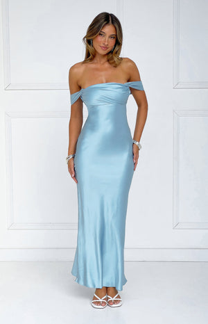 Beginning Boutique Ella Light Blue Off Shoulder Formal Dress light blue satin off-shoulder maxi dress with draped bodice