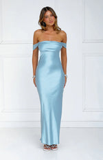 Full length front view of a light blue satin off-shoulder maxi dress with draped sleeves