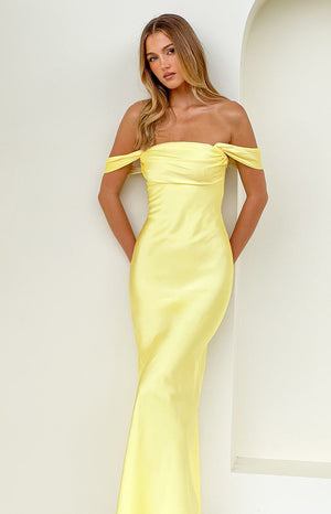 Beginning Boutique Ella Light Yellow Off Shoulder Formal Maxi Dress light yellow satin off-shoulder maxi dress with twisted bust detail