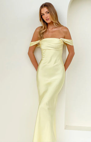 Beginning Boutique Ella Light Yellow Off Shoulder Formal Maxi Dress light yellow satin off-shoulder maxi dress with twisted bust detail