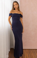 Ella Navy Off Shoulder Crepe Formal Maxi Dress Image
