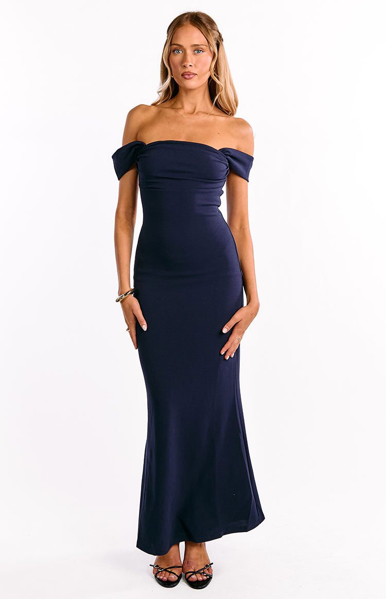 Ella Navy Off Shoulder Crepe Formal Maxi Dress Image