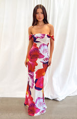 Ella Pink Floral Print Off Shoulder Formal Dress Image