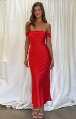 Red satin off-shoulder formal dress with a draped neckline, fitted bodice, and midi length
