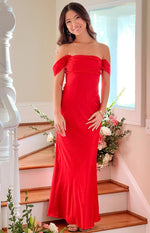 Red off shoulder maxi dress showing the full length and body-skimming fit