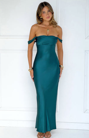Beginning Boutique Ella Teal Off Shoulder Formal Maxi Dress teal satin off-shoulder maxi dress with a fitted bodice and drape