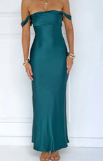 Teal off-shoulder maxi dress with a draped neckline and a smooth, flowing skirt