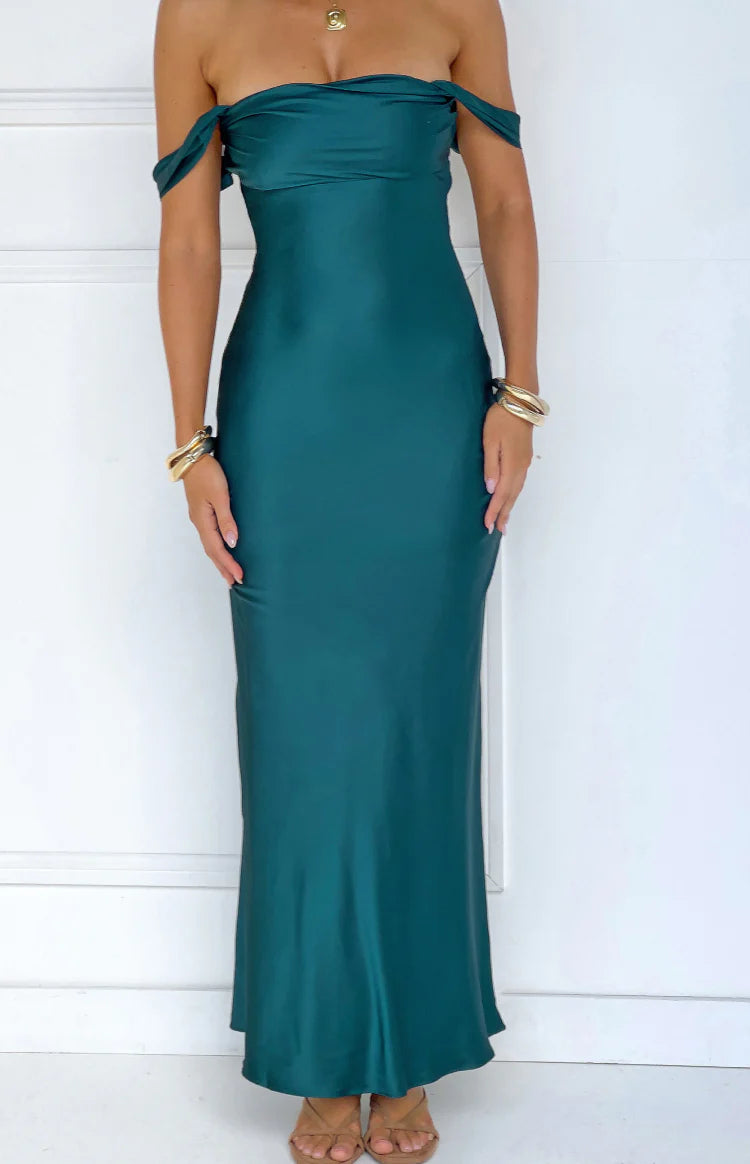 Teal off-shoulder maxi dress with a draped neckline and a smooth, flowing skirt