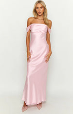 Full front view of a light pink off-shoulder satin maxi dress with draped sleeves and a fitted bodice