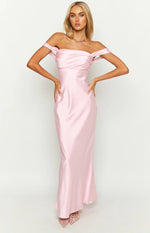 Full-length front view of a light pink satin off-shoulder maxi dress with a draped bodice and flowing skirt